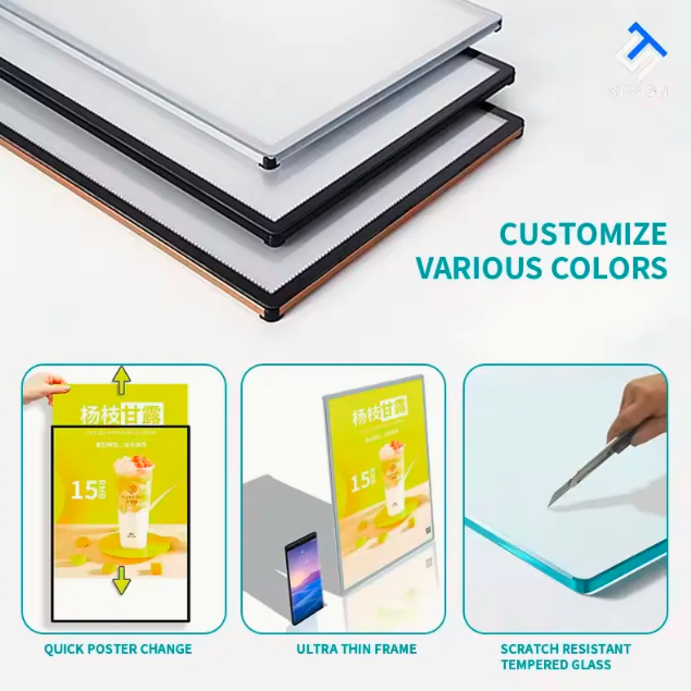 Custom LED Menu Board Pattern Ultra Slim Aluminum Frame Tempered Glass Advertising Light Boxes Outdoor Use Easy Hanging 12V