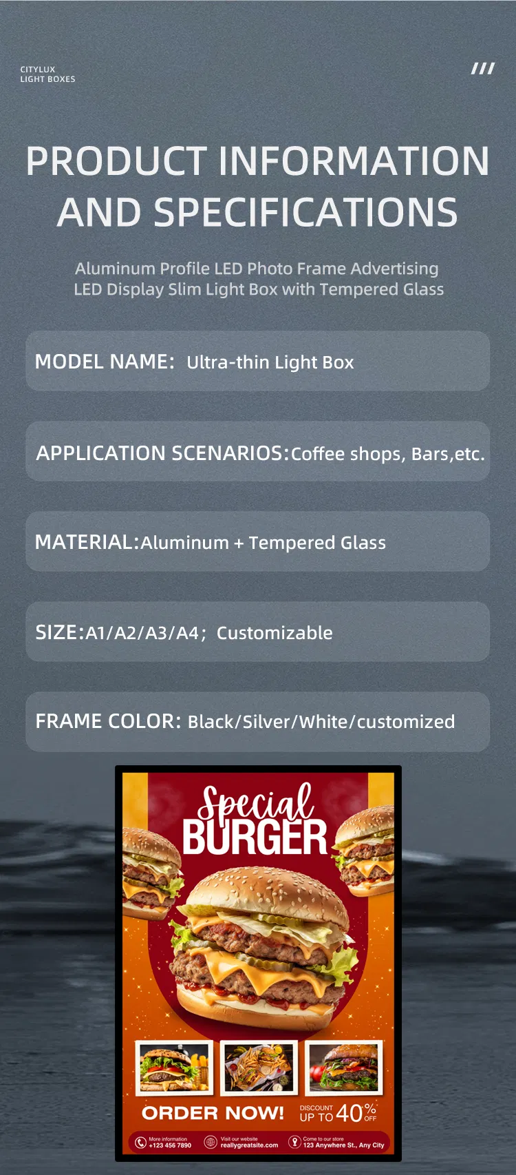 Custom LED Sign Board LED Restaurant Menu Light Box for Shops and Cafes